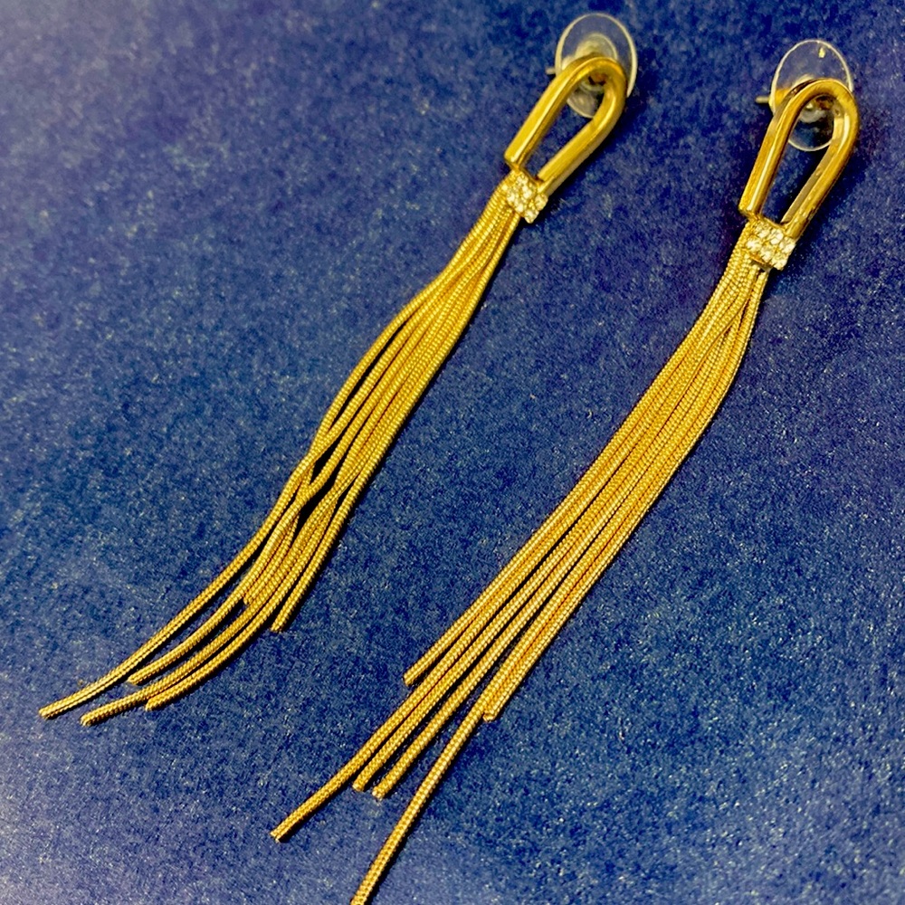 Earrings dangle gold tone chain rhinestones long pierced disco party dress up